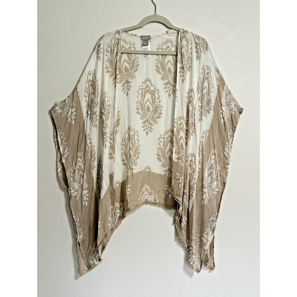 Chico's Tan Cream Damask Open Drapey Short Kimono - Sleeves L/XL Women